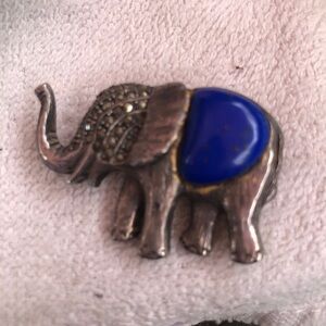 Vintage rare find Lapis, marcasite, silver Elephant Brooch